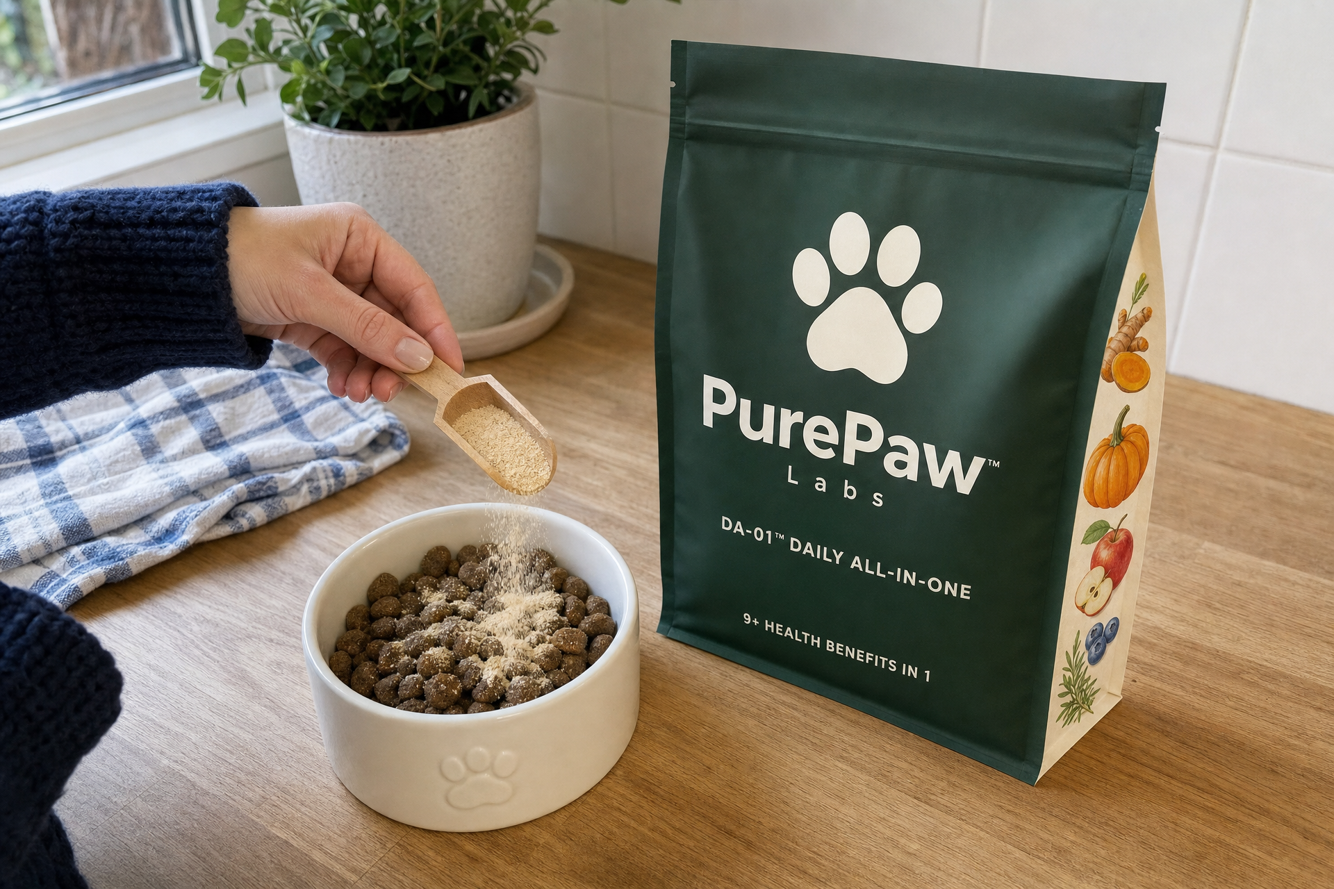 A scoop of PurePaw powder being sprinkled over a bowl of dog food next to the PurePaw pouch