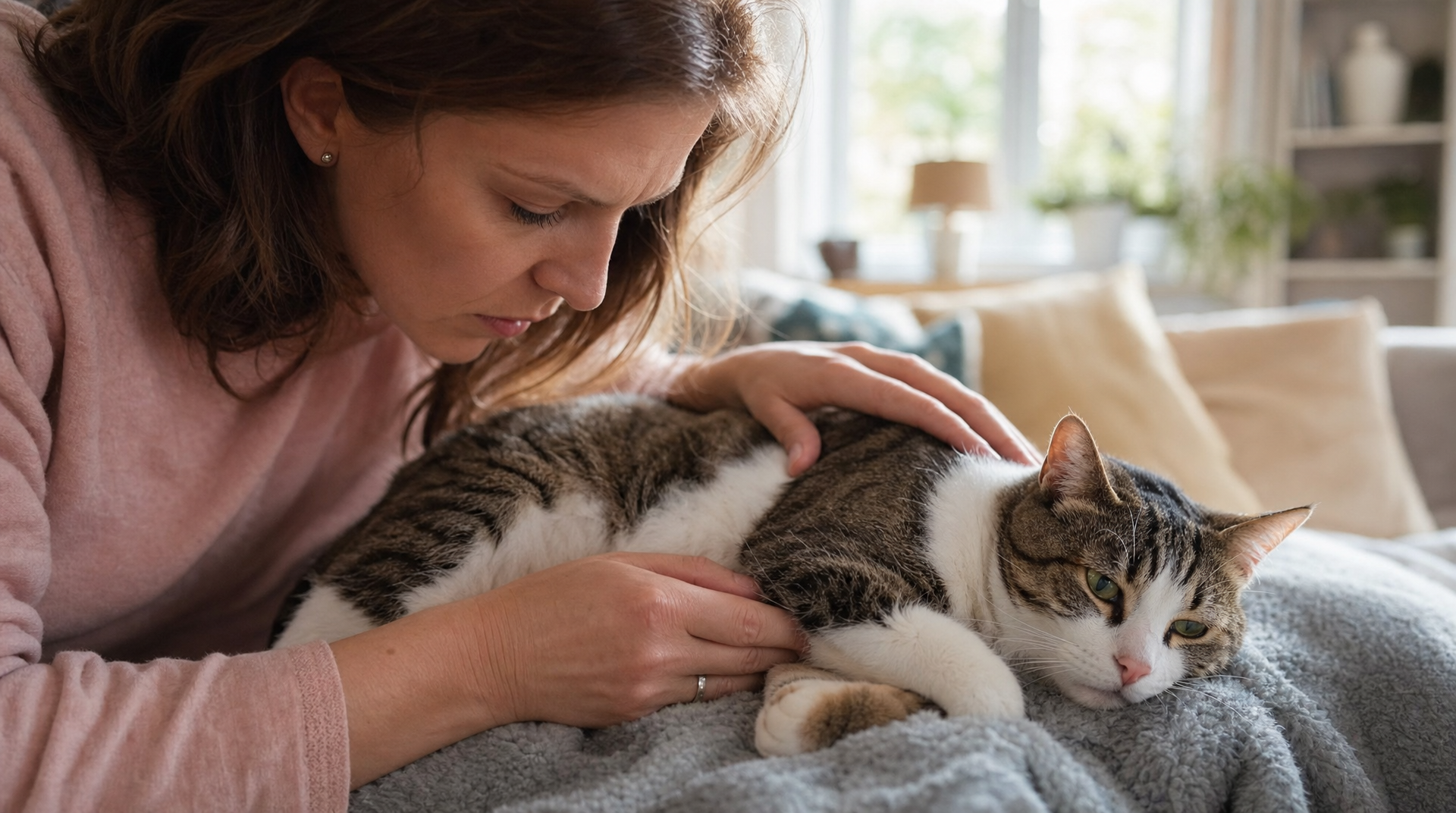 Katzenhalterin streichelt ihre Katze und achtet auf ihr Trinkverhalten