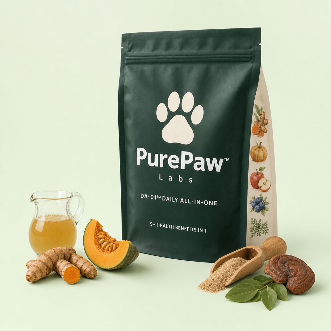 PurePaw pouch surrounded by turmeric, pumpkin, bone broth and reishi