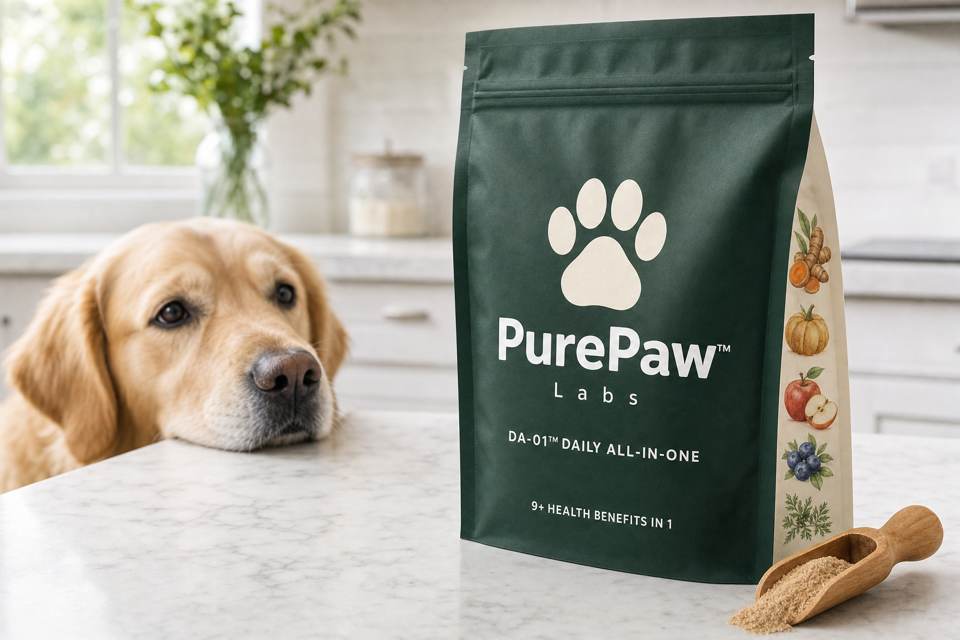 PurePaw pouch on a kitchen worktop with a Labrador looking at it