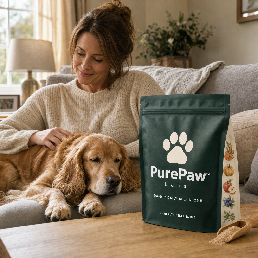 Woman on a sofa stroking a calm cocker spaniel, PurePaw pouch on the coffee table