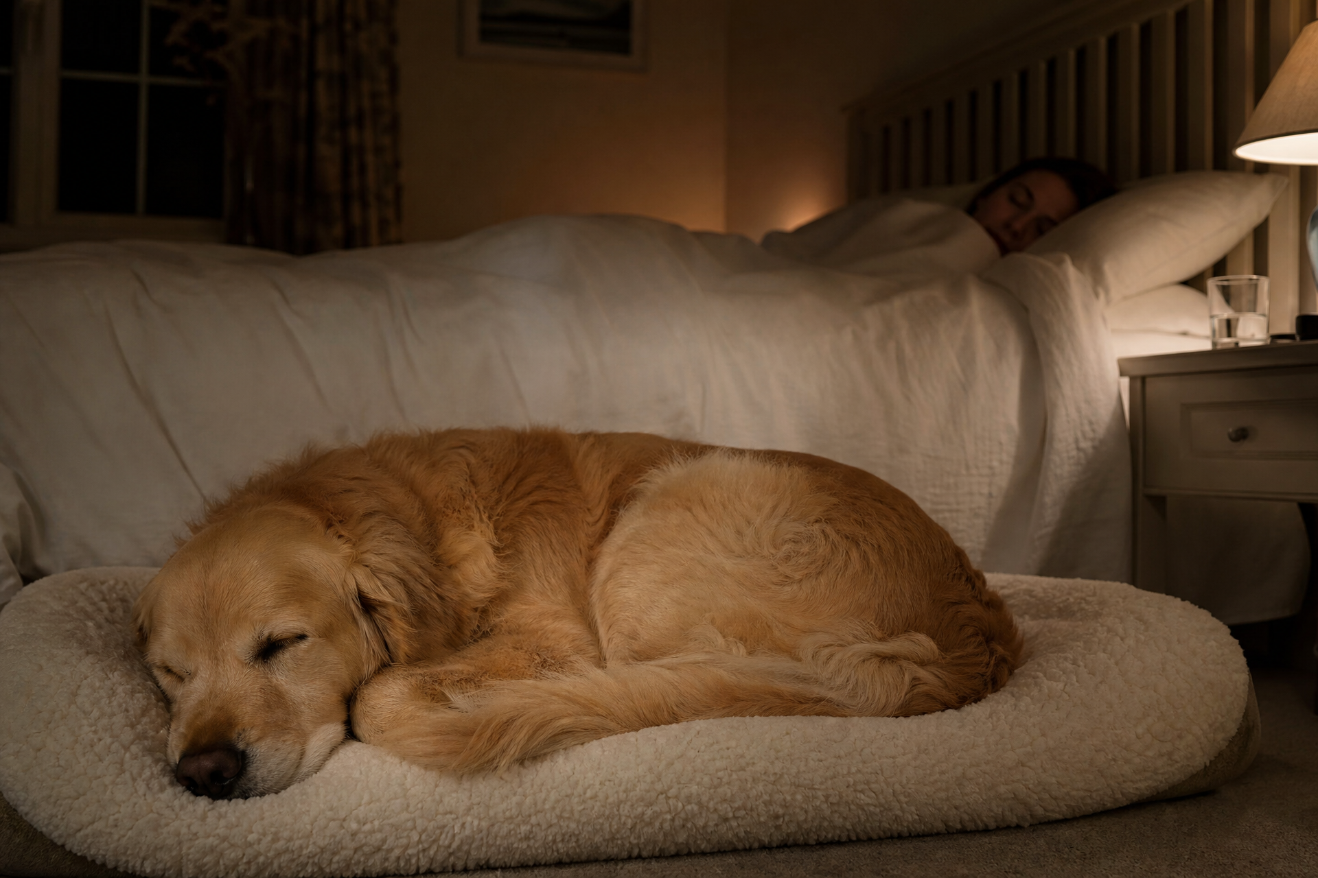 Golden retriever sleeping calmly at the foot of the bed